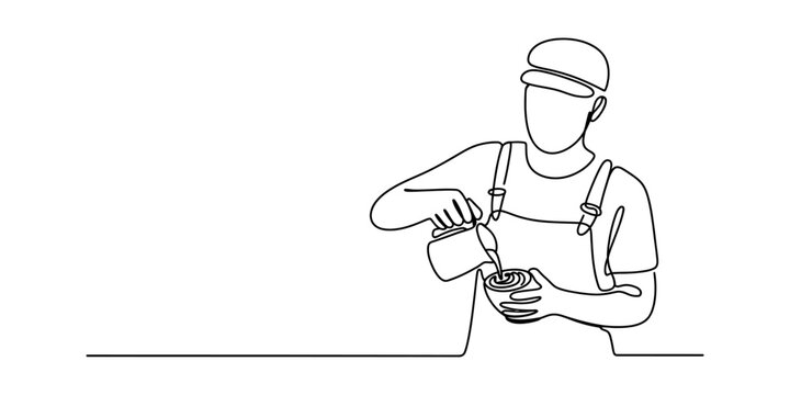 Barista making coffee with latte art in a continuous line drawing style