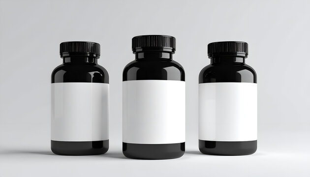 Three blank white label dark glass supplement bottles on a plain background.