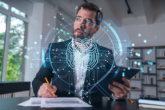 Considered businessman in formal wear signing contract holding tablet device at office room with papers. Concept of successful business deal, agreement, partnership, documents. Technology ai icons.