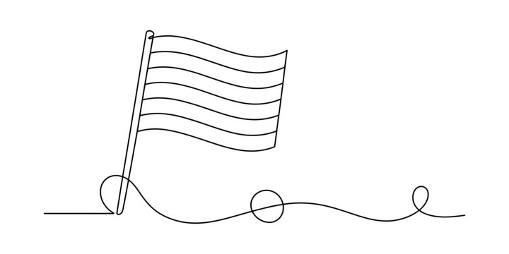 Single line drawing of a rainbow flag waving on a pole with a simple ground line