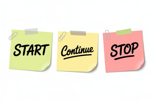 Start Continue Stop feedback sticky notes isolated on white background
