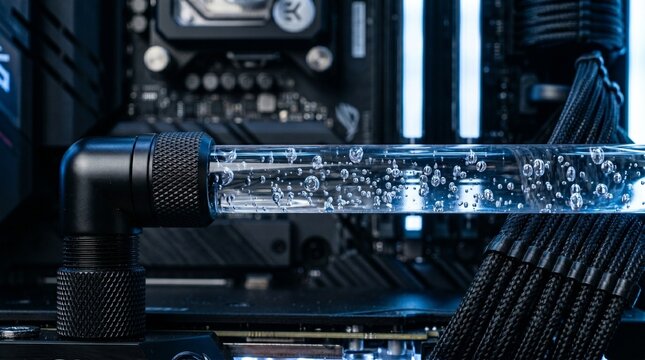 Close up of liquid cooling tube with bubbles inside a gaming pc