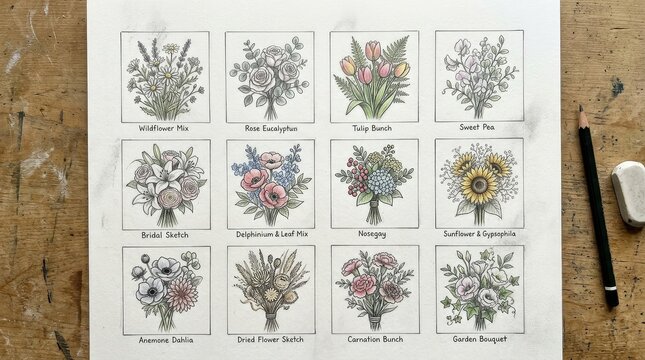 Hand-drawn botanical illustrations: a diverse collection of floral bouquets, detailed sketches, and colorful flower arrangements.