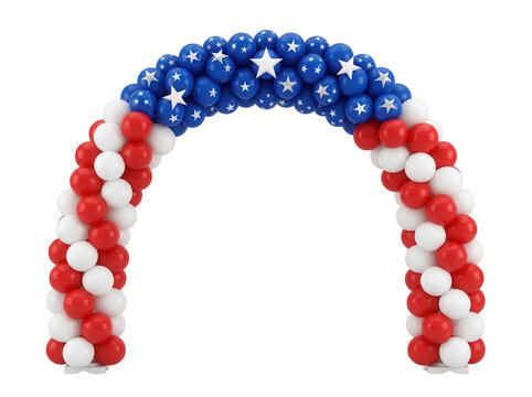 Patriotic balloon arch with red, white, and blue balloons