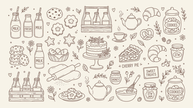 Collection of hand-drawn baking and dessert illustrations, including cakes, cookies, pies, croissants, milk bottles, and tea.