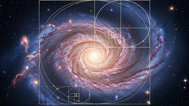 A spiral is overlaid with a golden ratio geometric pattern in deep space