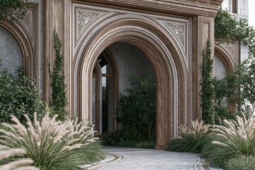 Fototapeta premium Luxurious architectural entrance with ornate wooden arches and lush green foliage, creating an elegant facade.