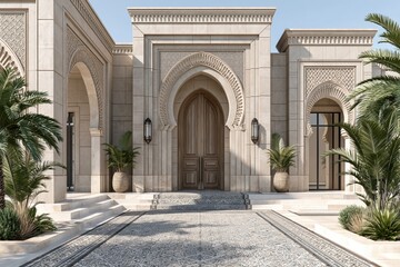 Fototapeta premium Luxurious Arabic style mansion entrance with ornate arches, intricate tile work, and lush palm trees.