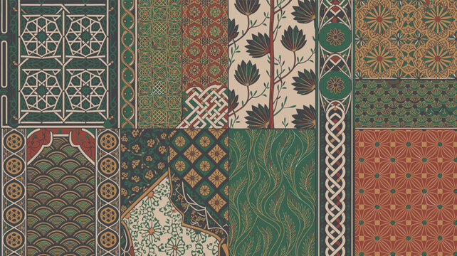 Moroccan tapestry patchwork seamless pattern collection rich earthy tones textiles