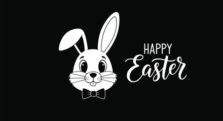 Obraz premium High contrast easter card featuring a white rabbit outline wearing a black bow tie on solid black background.