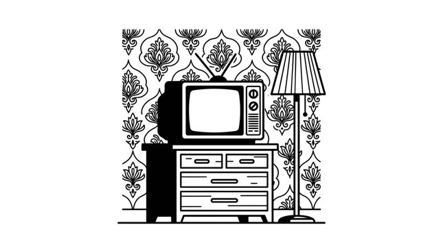 Vintage television on a dresser next to a floor lamp