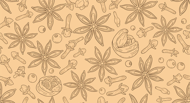 Vintage monochrome seamless pattern of intricately hand drawn culinary spices on a warm ocher background.