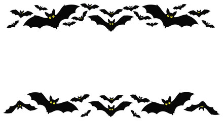 Fototapeta premium Spooky Halloween frame borders with black bats having glowing yellow eyes flying on top and bottom of white background.