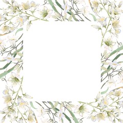 Fototapeta premium Square frame for logo and card with botanical wildflowers and meadow grasses Spring vibe floral border isolated on white background watercolor illustration