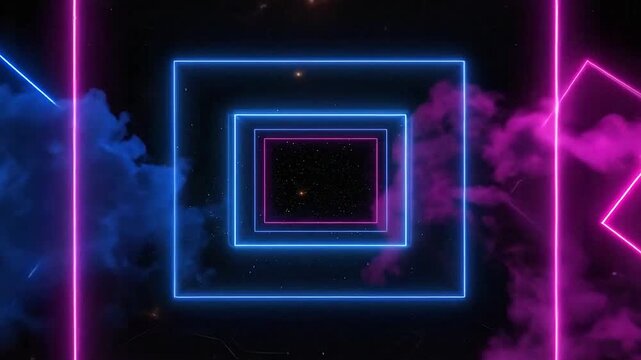 A glowing neon tunnel stretches into the deep darkness of outer space