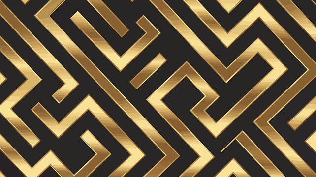 Seamless labyrinth pattern of gold maze lines on dark background luxury geometric wallpaper design