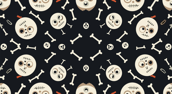 Symmetrical kaleidoscope pattern with cartoon zombie heads, skulls, and bones on black background for Halloween.