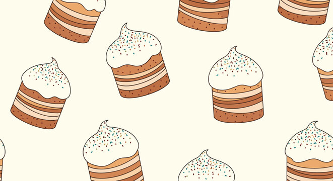 Seamless pattern of sweet traditional easter cakes with white frosting and colorful sprinkles on cream background.