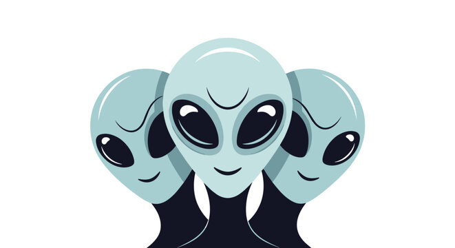 Close up portrait illustration of three blue extraterrestrial alien heads looking forward on white background.