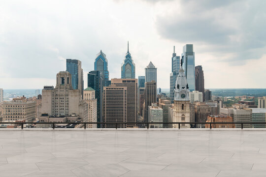 Skyscrapers Cityscape Downtown, Philladelphia Skyline Buildings. Beautiful Real Estate. Day time. Empty rooftop View. Success concept.