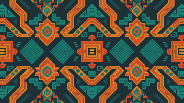 Vibrant tribal geometric pattern with orange teal and purple shapes on dark background textile