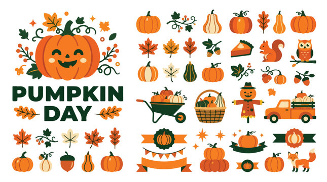 Autumn Pumpkin Day vector collection, fall harvest icons with pumpkins and leaves, orange seasonal elements for Thanksgiving and Halloween