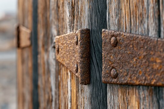 Close-up detailed view of weathered wooden planks with rusty metal hinges and visible grain texture.