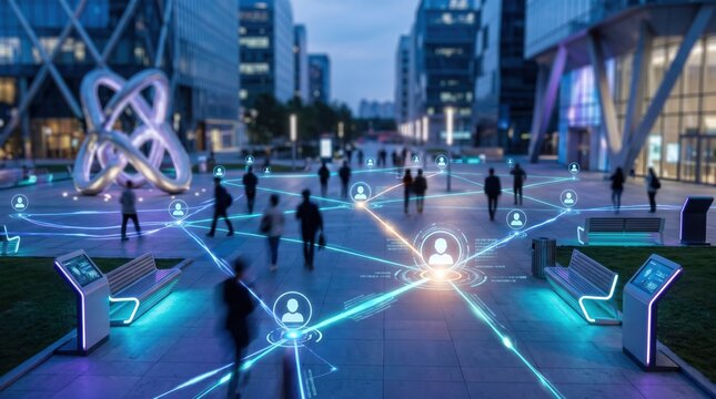 Futuristic smart city concept showing people connected by digital network lines