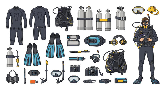 Professional scuba diving gear set including wetsuits, tanks, masks, fins, cameras, and a diver character for underwater adventure themes.