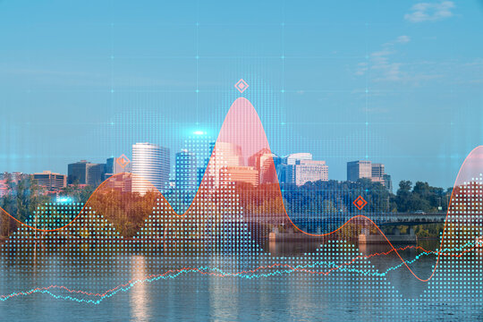 Skyscrapers Cityscape Downtown View, Washington Skyline Buildings. Beautiful Real Estate. Sunrise. Forex Financial graph and chart hologram. Business education concept.