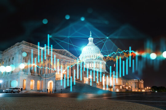 Skyscrapers Cityscape Downtown View, Washington Skyline Buildings. Beautiful Real Estate. Night time. Forex Financial graph and chart hologram. Business education concept.