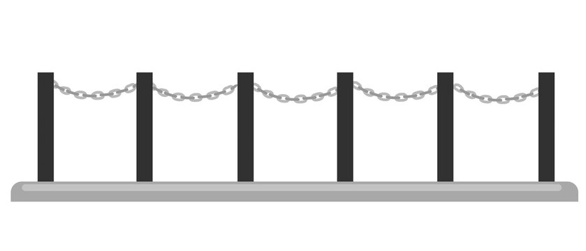 Metal security posts connected with iron chains on grey sidewalk pavement barrier boundary illustration