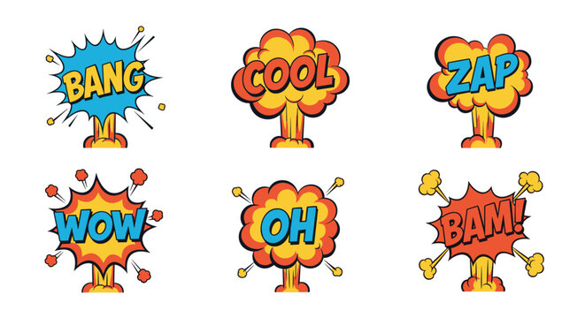 Set of colorful comic book style speech bubbles with action words including bang cool zap wow oh and bam.