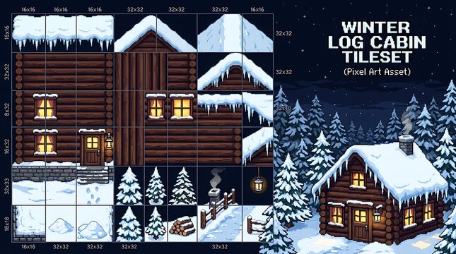 Detailed winter log cabin pixel art tileset for game development