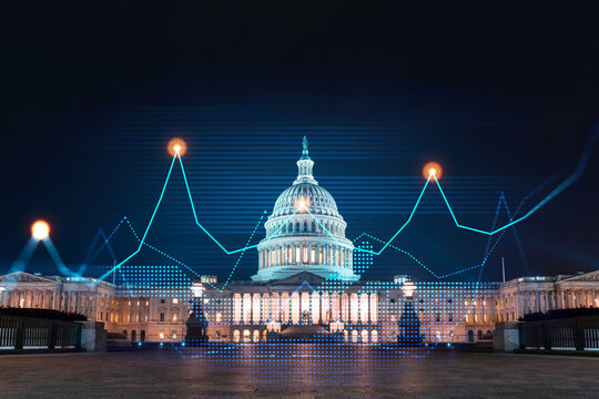 Skyscrapers Cityscape Downtown View, Washington Skyline Buildings. Beautiful Real Estate. Night time. Forex Financial graph and chart hologram. Business education concept.