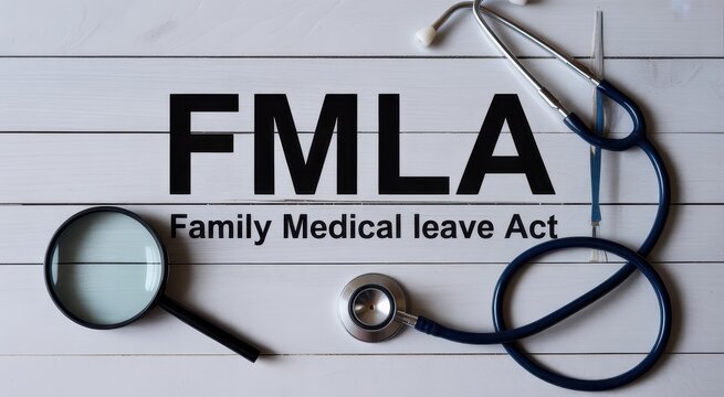 FMLA acronym with magnifying glass and stethoscope isolated on white background