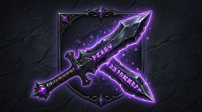 Two glowing magical swords with purple runes on dark stone background