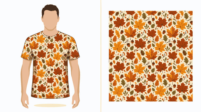 Man wearing t-shirt with seamless autumn oak leaf pattern.