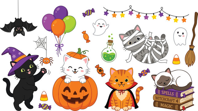 Cute Halloween cat character collection with pumpkins, ghosts, bats, candies, magic potion, witch hat and festive decorations