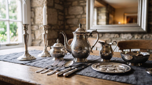Vintage still life collection of antique silverware and teapots on rustic wooden table by window