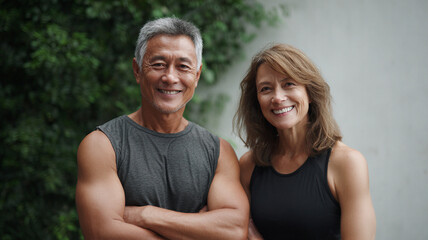 Fototapeta premium Senior asian couple relaxing after outdoor exercise, smiling in fitness wear