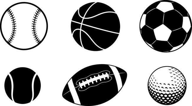 Minimalist black and white vector illustration of six different sports balls in outline style.