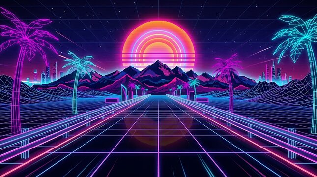 Retro synthwave landscape featuring glowing neon palms and digital mountains