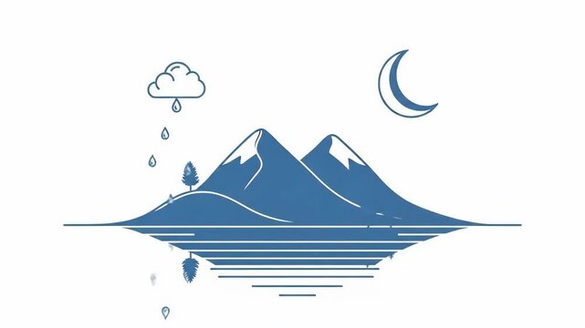 Animated Minimalist Mountain Landscape with Rain and Moon.