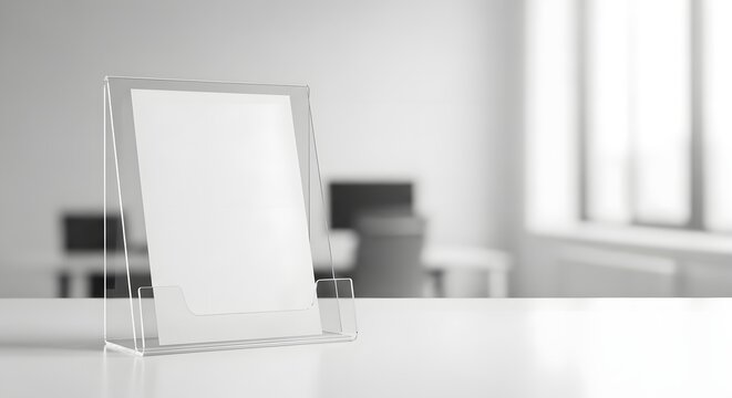 Clear acrylic stand with blank white paper on a desk in a modern office, perfect for displaying information or promotions.