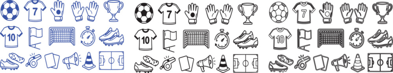 Soccer and Football Sports Line Icon Set Vector Collection – Goalkeeper, Jersey, Ball and Match Equipment Symbols © Tanzir