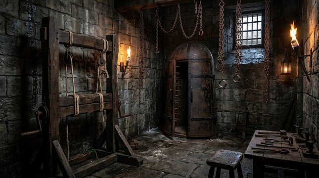 Medieval stone dungeon chamber with iron torture devices and flaming torches