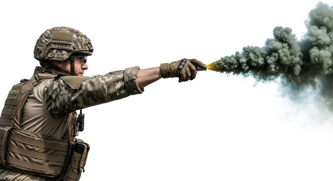 Soldier holding a smoke grenade. Military man in modern camouflage gear creating a smoke screen for tactical concealment. Professional combat training and defensive battlefield operation.