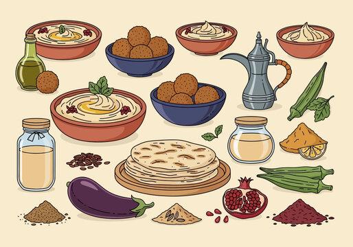 Arabic Cuisine and Middle Eastern Food Set Illustration: Hummus, Falafel, Pita Bread, Pomegranate, Eggplant, and Spices on Light Background