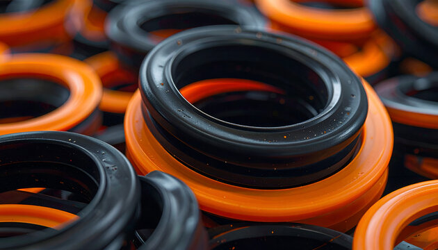 Close-up view of stacked industrial rubber seals in black and orange colors.